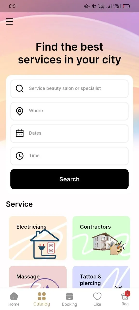 Searching for services by type, place, date, and time